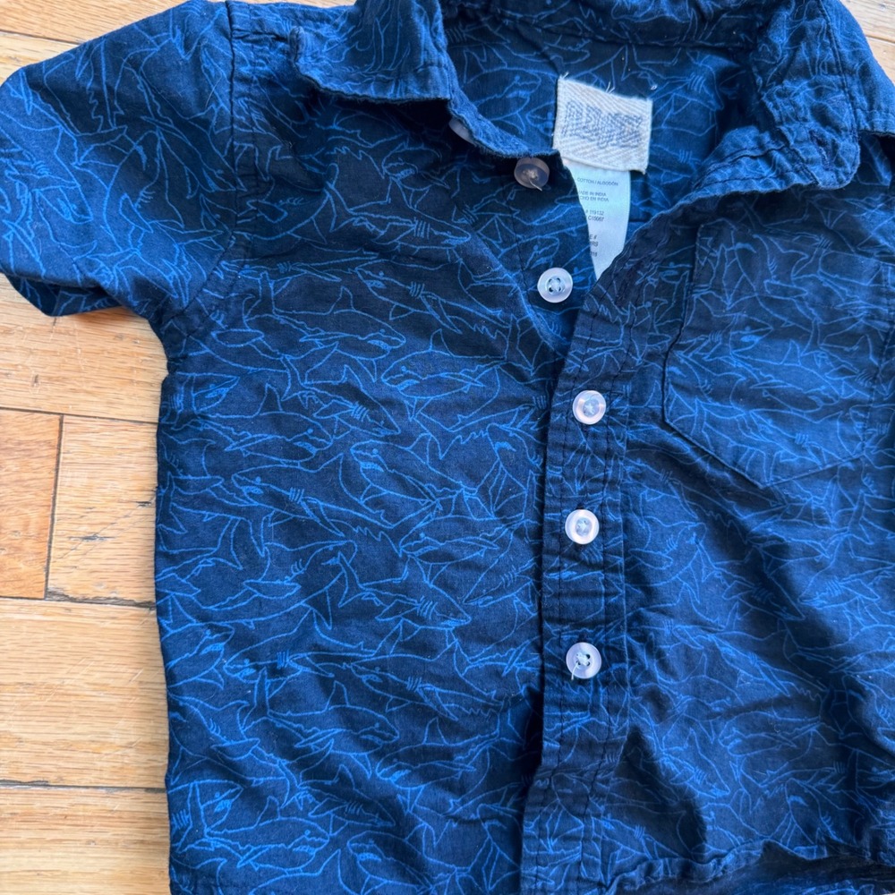 Alex & Jack Boutique Shark Print Button Down Shirt Navy Blue 12 month
